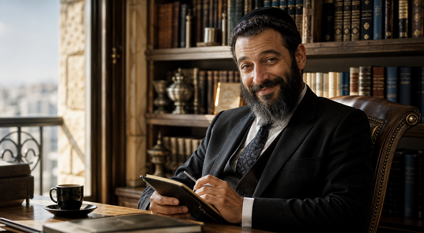The Rabbi of Lebanon in a book-lined study